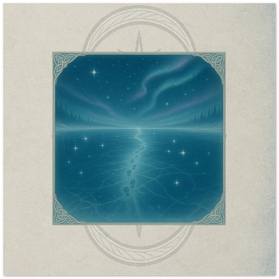 Star-Mirror Crossing fantasy card. Winter Court realm of mirrored starlight and ice, artwork by Marilie Wood Smock of the Teal Leopard.