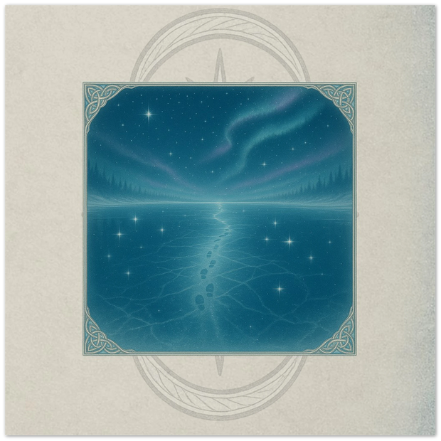 Star-Mirror Crossing fantasy card. Winter Court realm of mirrored starlight and ice, artwork by Marilie Wood Smock of the Teal Leopard.