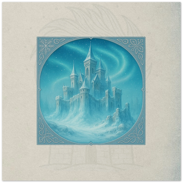Castle of Silent Vigil fantasy card. Winter Court realm of frozen towers and silent watch, artwork by Marilie Wood Smock of the Teal Leopard.