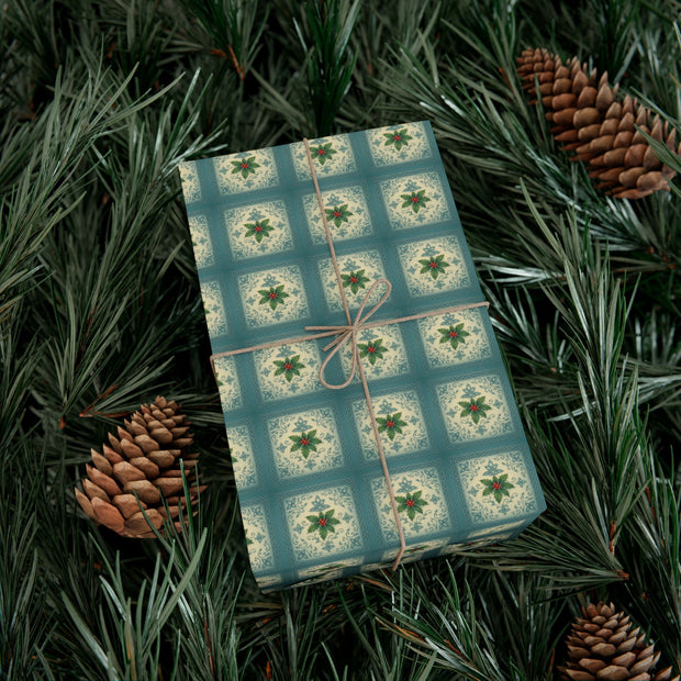 Celtic Holly Christmas Gift Wrap - Teal and Cream Holiday Wrapping Paper - Winter Botanical Knotwork | Celtic Frost Holly by The Teal Leopard™