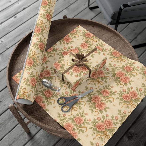Vintage Rose Christmas Gift Wrap - Romantic Winter Floral Wrapping Paper - Holiday Rose & Ribbon Pattern | Winter Rose & Ribbon, Winter Botanical Trio by The Teal Leopard™