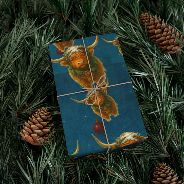 Highland Cow Christmas Wrapping Paper - Celtic Winter Gift Wrap featuring art ornaments & snowfall | Highland Grace, Winter Companions Series by The Teal Leopard™
