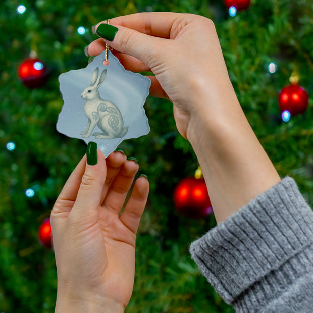 Winter Snowshoe Hare Christmas Ornament | Fantasy Holiday Décor (circle, heart, star, & snowflake)