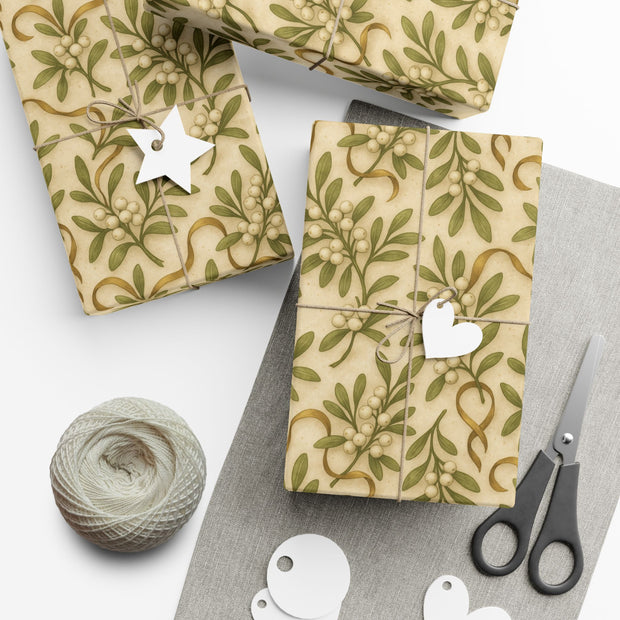 Winter Mistletoe Botanical Gift Wrap – Irish Snowbound Mistletoe Pattern on Vintage Parchment | Winter Isles Botanical Series by The Teal Leopard