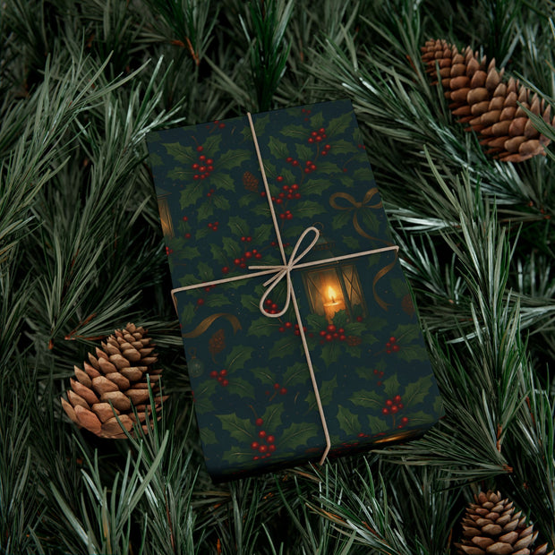 Christmas Lantern Gift Wrap - Vintage Lantern Holiday Wrapping Paper - Winter Botanical Heritage Design | Winter Botainical Trio Series by The Teal Leopard™