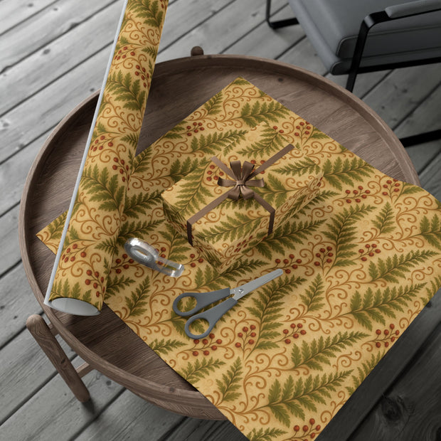 Winter Fern Botanical Gift Wrap – Welsh Evergreen Forest Pattern on Aged Parchment | Winter Isles Botanical Series by The Teal Leopard