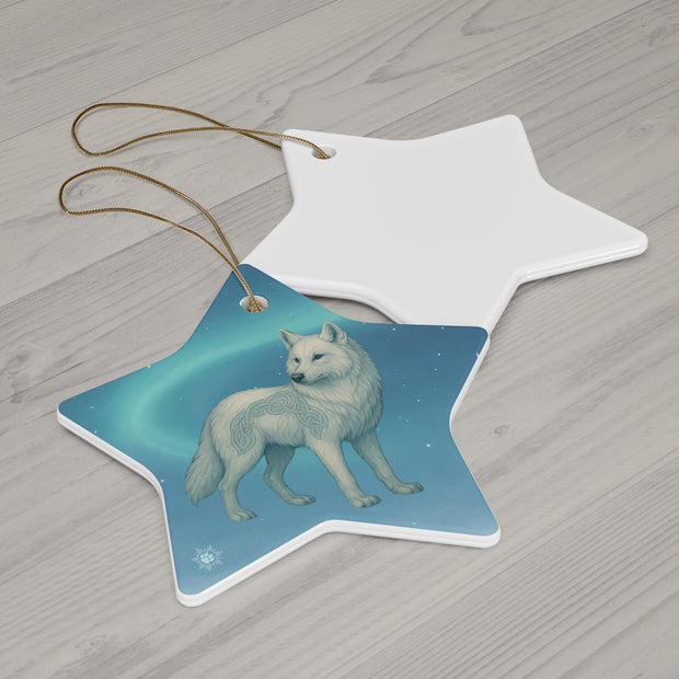 Winter Arctic Wolf Christmas Ornament | Fantasy Holiday Décor (circle, heart, star, & snowflake)
