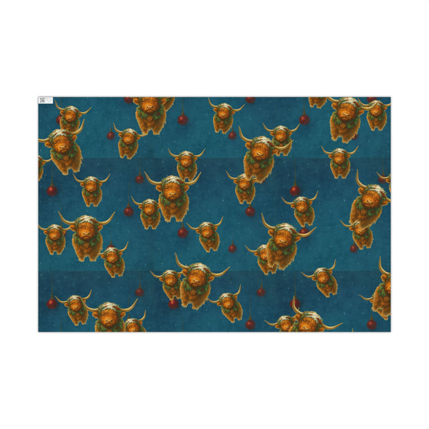 Highland Cow Christmas Wrapping Paper - Celtic Winter Gift Wrap featuring art ornaments & snowfall | Highland Grace, Winter Companions Series by The Teal Leopard™