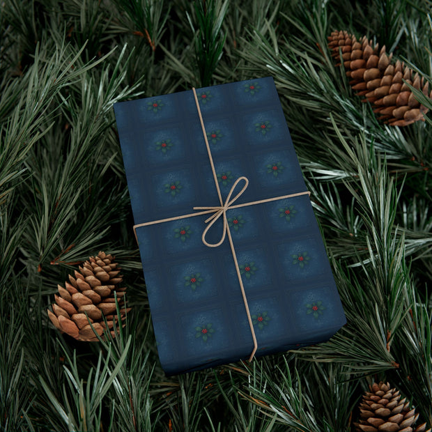 Celtic Holly Christmas Gift Wrap - Midnight Blue Holiday Wrapping Paper - Winter Knotwork and Botanical Pattern | Celtic Midnight Holly by The Teal Leopard™