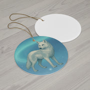 Winter Arctic Wolf Christmas Ornament | Fantasy Holiday Décor (circle, heart, star, & snowflake)