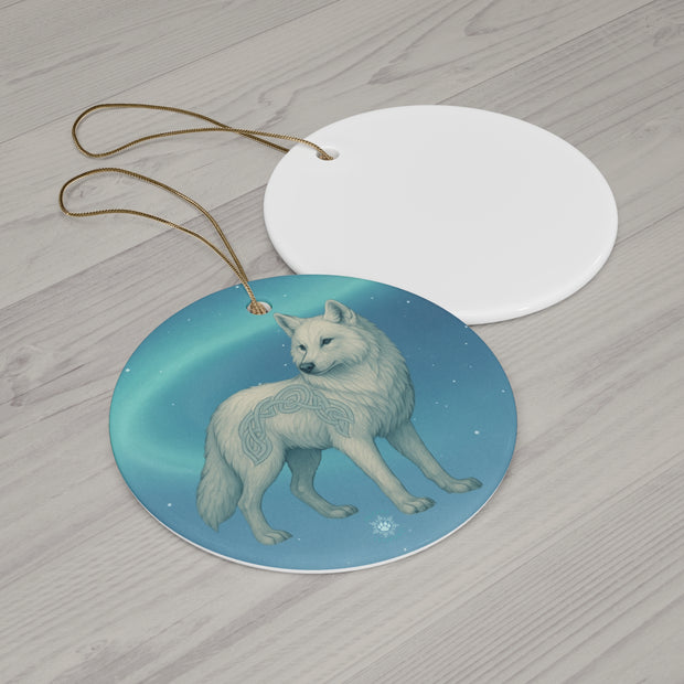 Winter Arctic Wolf Christmas Ornament | Fantasy Holiday Décor (circle, heart, star, & snowflake)