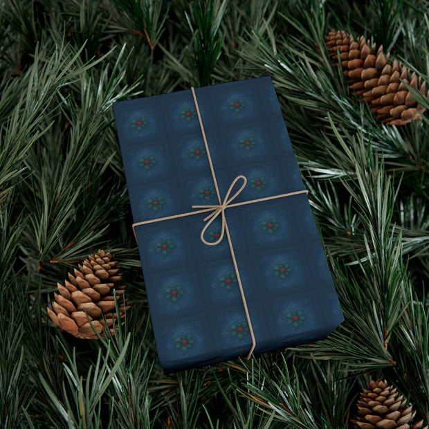 Celtic Holly Christmas Gift Wrap - Midnight Blue Holiday Wrapping Paper - Winter Knotwork and Botanical Pattern | Celtic Midnight Holly by The Teal Leopard™