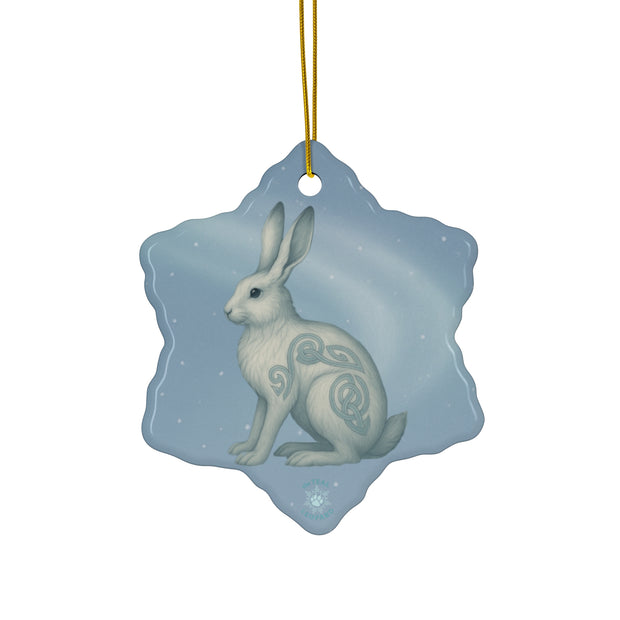 Winter Snowshoe Hare Christmas Ornament | Fantasy Holiday Décor (circle, heart, star, & snowflake)