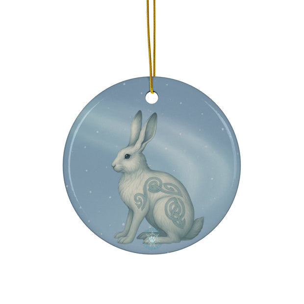 Winter Snowshoe Hare Christmas Ornament | Fantasy Holiday Décor (circle, heart, star, & snowflake)