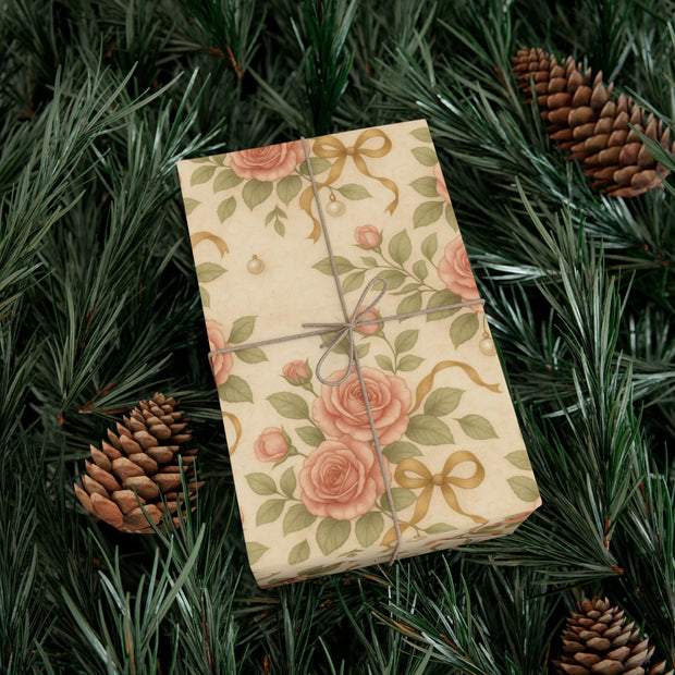 Vintage Rose Christmas Gift Wrap - Romantic Winter Floral Wrapping Paper - Holiday Rose & Ribbon Pattern | Winter Rose & Ribbon, Winter Botanical Trio by The Teal Leopard™
