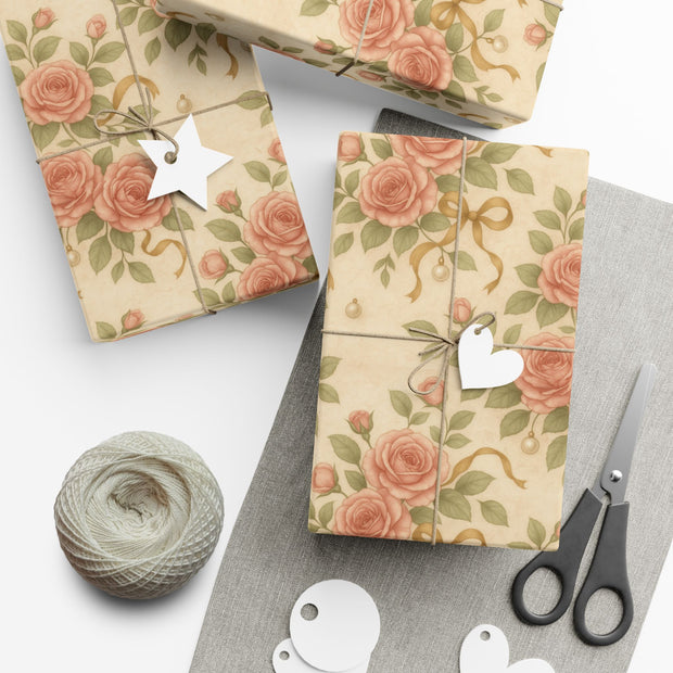 Vintage Rose Christmas Gift Wrap - Romantic Winter Floral Wrapping Paper - Holiday Rose & Ribbon Pattern | Winter Rose & Ribbon, Winter Botanical Trio by The Teal Leopard™