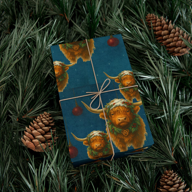 Highland Cow Christmas Wrapping Paper - Celtic Winter Gift Wrap featuring art ornaments & snowfall | Highland Grace, Winter Companions Series by The Teal Leopard™