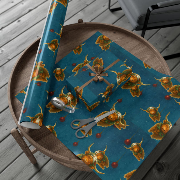 Highland Cow Christmas Wrapping Paper - Celtic Winter Gift Wrap featuring art ornaments & snowfall | Highland Grace, Winter Companions Series by The Teal Leopard™