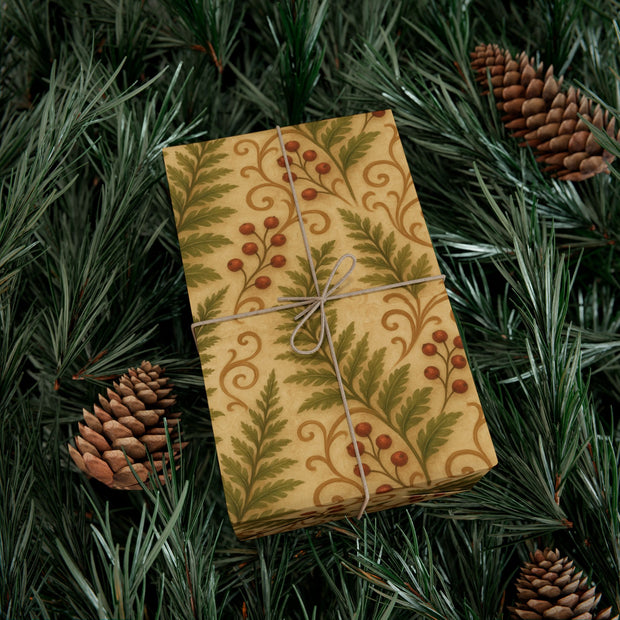 Winter Fern Botanical Gift Wrap – Welsh Evergreen Forest Pattern on Aged Parchment | Winter Isles Botanical Series by The Teal Leopard