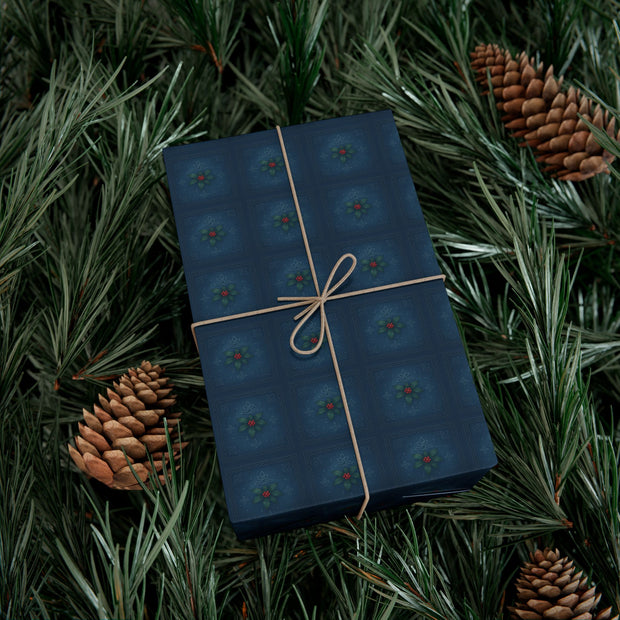 Celtic Holly Christmas Gift Wrap - Midnight Blue Holiday Wrapping Paper - Winter Knotwork and Botanical Pattern | Celtic Midnight Holly by The Teal Leopard™