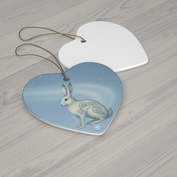 Winter Snowshoe Hare Christmas Ornament | Fantasy Holiday Décor (circle, heart, star, & snowflake)