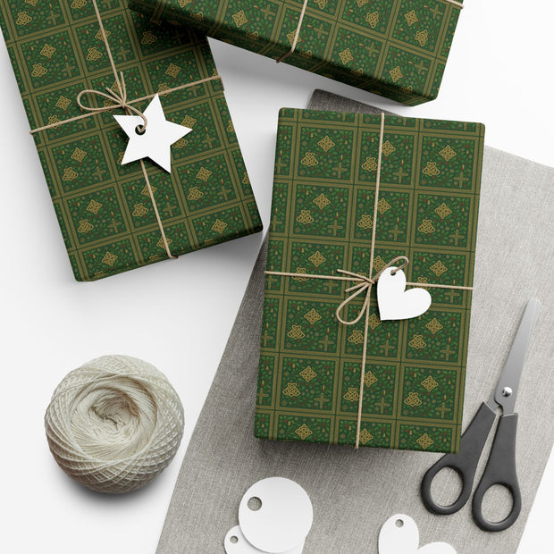 Celtic Holly Christmas Gift Wrap - Holiday Wrapping Paper - Green Celtic Knotwork with Holly and Ivy | Celtic Yuletide, Celtic Christmas Triptych Series by The Teal Leoaprd™