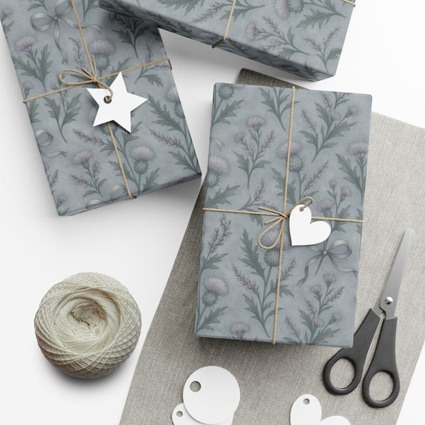 Frosted Thistle Botanical Gift Wrap – Scottish Winter Thistle & Heather Pattern in Cool Highlands Tones | Winter Isles Botanical Series by The Teal Leopard