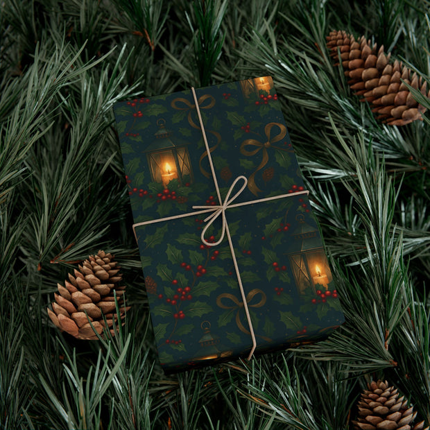 Christmas Lantern Gift Wrap - Vintage Lantern Holiday Wrapping Paper - Winter Botanical Heritage Design | Winter Botainical Trio Series by The Teal Leopard™