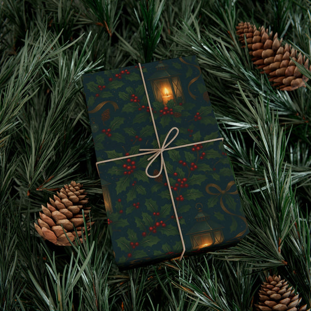 Christmas Lantern Gift Wrap - Vintage Lantern Holiday Wrapping Paper - Winter Botanical Heritage Design | Winter Botainical Trio Series by The Teal Leopard™