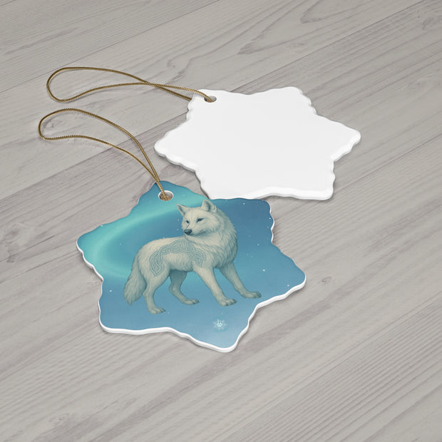 Winter Arctic Wolf Christmas Ornament | Fantasy Holiday Décor (circle, heart, star, & snowflake)