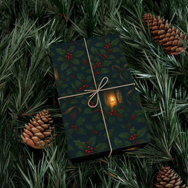 Christmas Lantern Gift Wrap - Vintage Lantern Holiday Wrapping Paper - Winter Botanical Heritage Design | Winter Botainical Trio Series by The Teal Leopard™