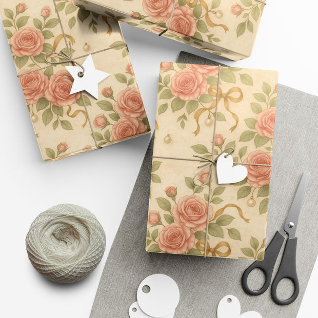 Vintage Rose Christmas Gift Wrap - Romantic Winter Floral Wrapping Paper - Holiday Rose & Ribbon Pattern | Winter Rose & Ribbon, Winter Botanical Trio by The Teal Leopard™