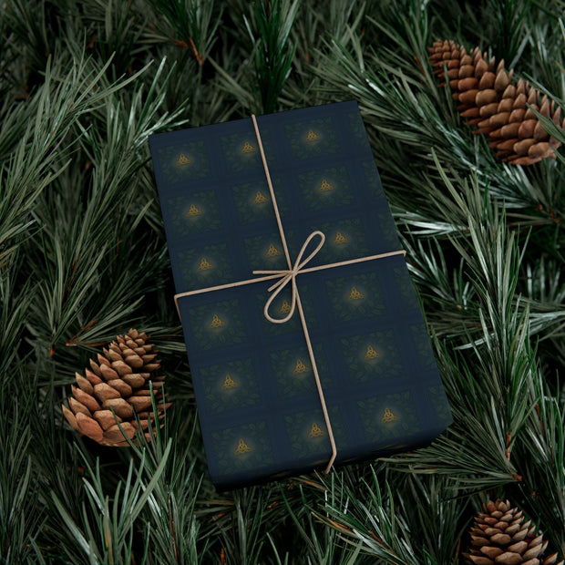 Celtic Evergreen Christmas Gift Wrap - Holiday Wrapping Paper - Midnight Blue, Fir, and Golden Knotwork Pattern | Medieval Midnight, Celtic Christmas Triptych Series by The Teal Leopard™