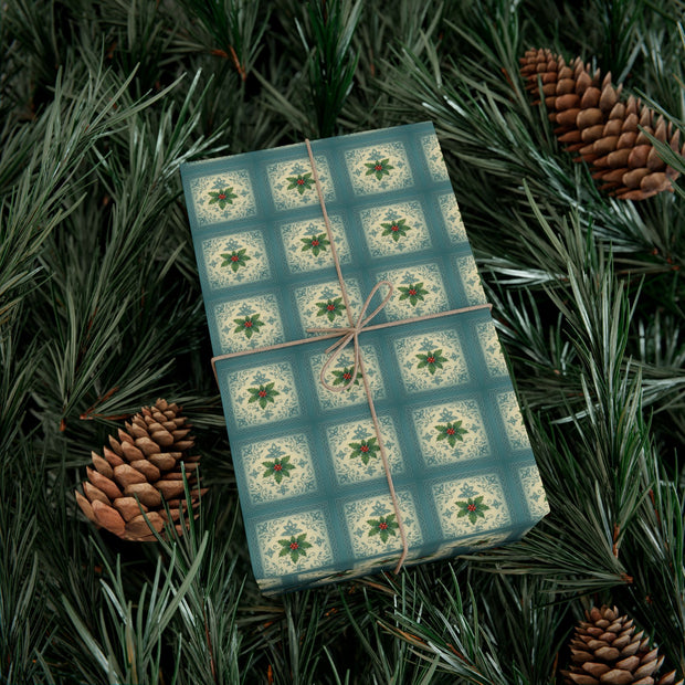 Celtic Holly Christmas Gift Wrap - Teal and Cream Holiday Wrapping Paper - Winter Botanical Knotwork | Celtic Frost Holly by The Teal Leopard™