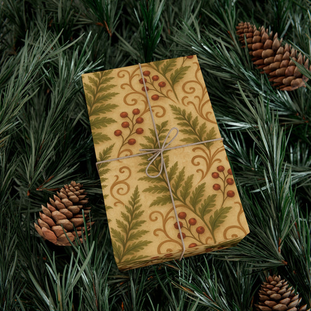 Winter Fern Botanical Gift Wrap – Welsh Evergreen Forest Pattern on Aged Parchment | Winter Isles Botanical Series by The Teal Leopard