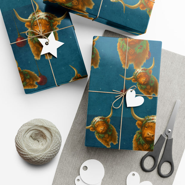 Highland Cow Christmas Wrapping Paper - Celtic Winter Gift Wrap featuring art ornaments & snowfall | Highland Grace, Winter Companions Series by The Teal Leopard™