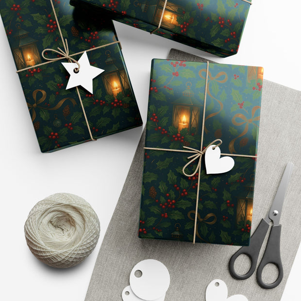 Christmas Lantern Gift Wrap - Vintage Lantern Holiday Wrapping Paper - Winter Botanical Heritage Design | Winter Botainical Trio Series by The Teal Leopard™