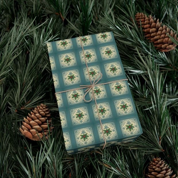Celtic Holly Christmas Gift Wrap - Teal and Cream Holiday Wrapping Paper - Winter Botanical Knotwork | Celtic Frost Holly by The Teal Leopard™
