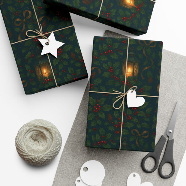 Christmas Lantern Gift Wrap - Vintage Lantern Holiday Wrapping Paper - Winter Botanical Heritage Design | Winter Botainical Trio Series by The Teal Leopard™
