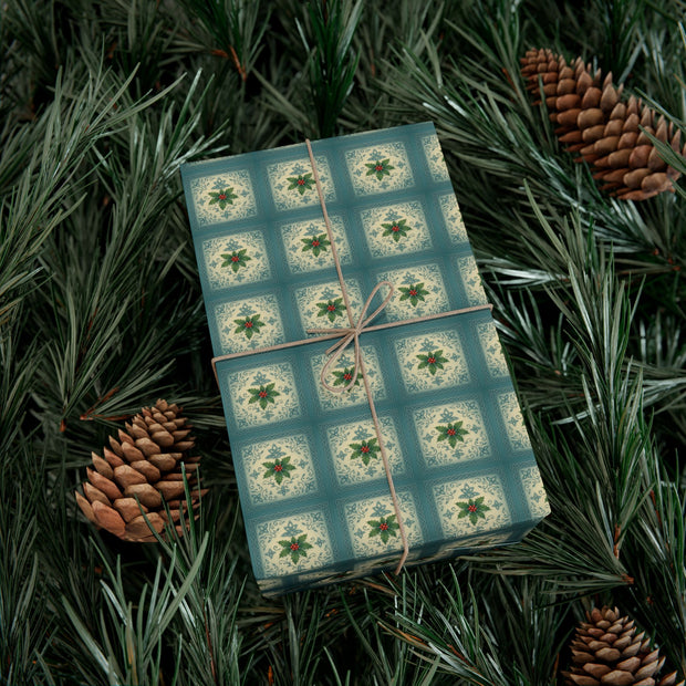 Celtic Holly Christmas Gift Wrap - Teal and Cream Holiday Wrapping Paper - Winter Botanical Knotwork | Celtic Frost Holly by The Teal Leopard™