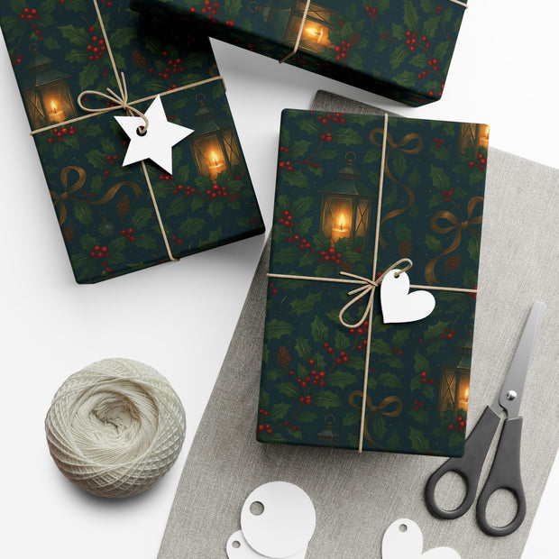 Christmas Lantern Gift Wrap - Vintage Lantern Holiday Wrapping Paper - Winter Botanical Heritage Design | Winter Botainical Trio Series by The Teal Leopard™