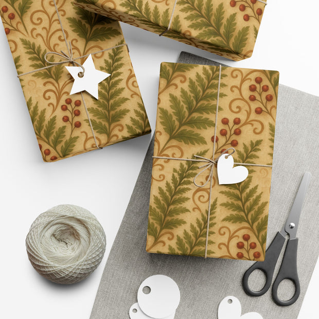 Winter Fern Botanical Gift Wrap – Welsh Evergreen Forest Pattern on Aged Parchment | Winter Isles Botanical Series by The Teal Leopard