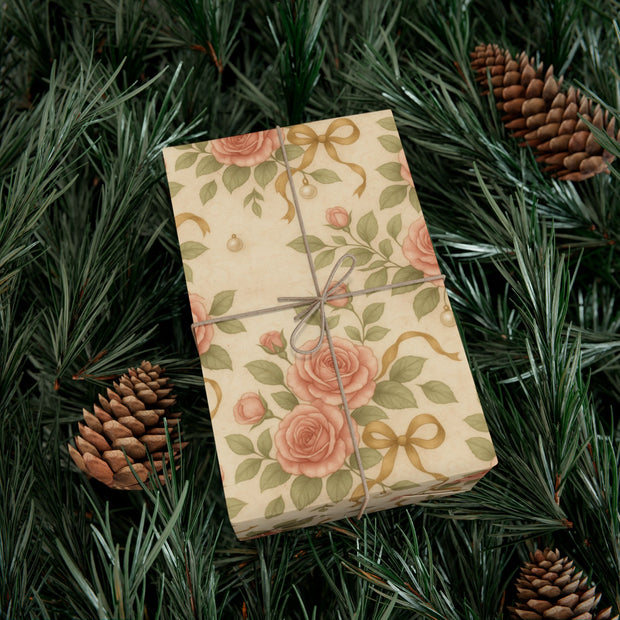 Vintage Rose Christmas Gift Wrap - Romantic Winter Floral Wrapping Paper - Holiday Rose & Ribbon Pattern | Winter Rose & Ribbon, Winter Botanical Trio by The Teal Leopard™