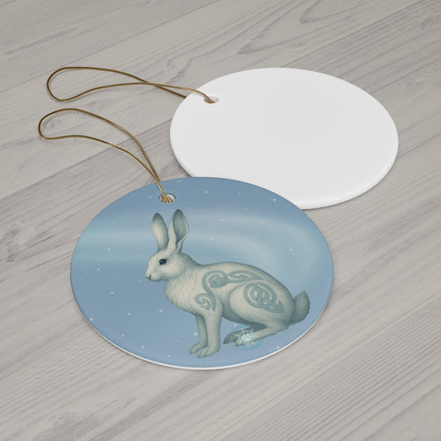 Winter Snowshoe Hare Christmas Ornament | Fantasy Holiday Décor (circle, heart, star, & snowflake)