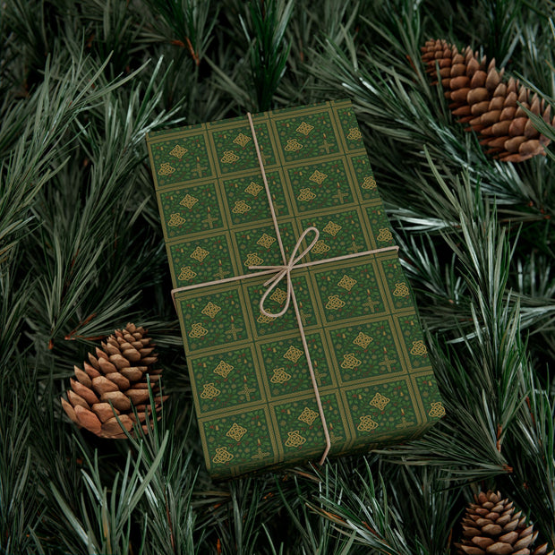 Celtic Holly Christmas Gift Wrap - Holiday Wrapping Paper - Green Celtic Knotwork with Holly and Ivy | Celtic Yuletide, Celtic Christmas Triptych Series by The Teal Leoaprd™