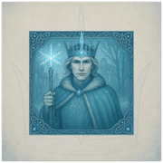 Framed artwork of a king holding a scepter with a snowflake, set against a decorative border. Frost King Winter Court Collection Card illustrated art by Marilie Wood Smock of the Teal Leopard.