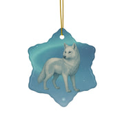 Winter Arctic Wolf Christmas Ornament | Fantasy Holiday Décor (circle, heart, star, & snowflake)
