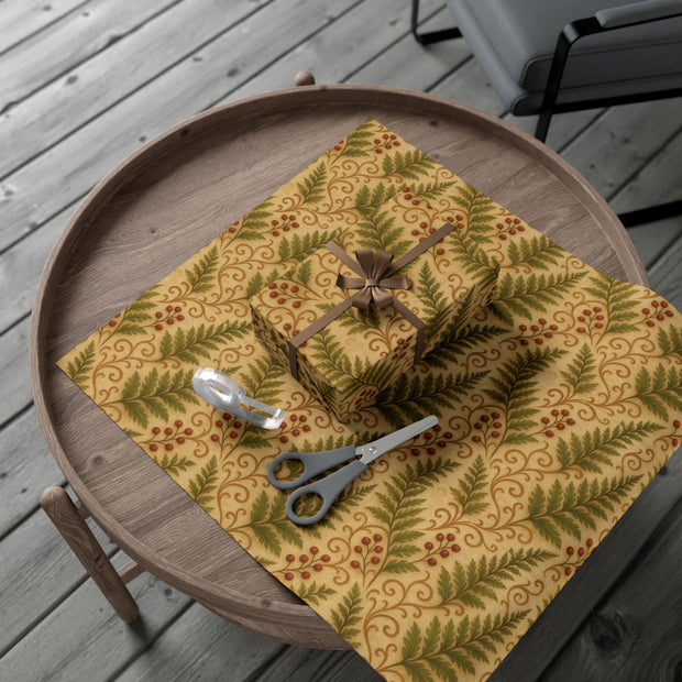 Winter Fern Botanical Gift Wrap – Welsh Evergreen Forest Pattern on Aged Parchment | Winter Isles Botanical Series by The Teal Leopard