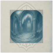 Sanctum of the Shattered Choir fantasy card. Winter Court realm of frozen ruins and lost song, artwork by Marilie Wood Smock of the Teal Leopard.