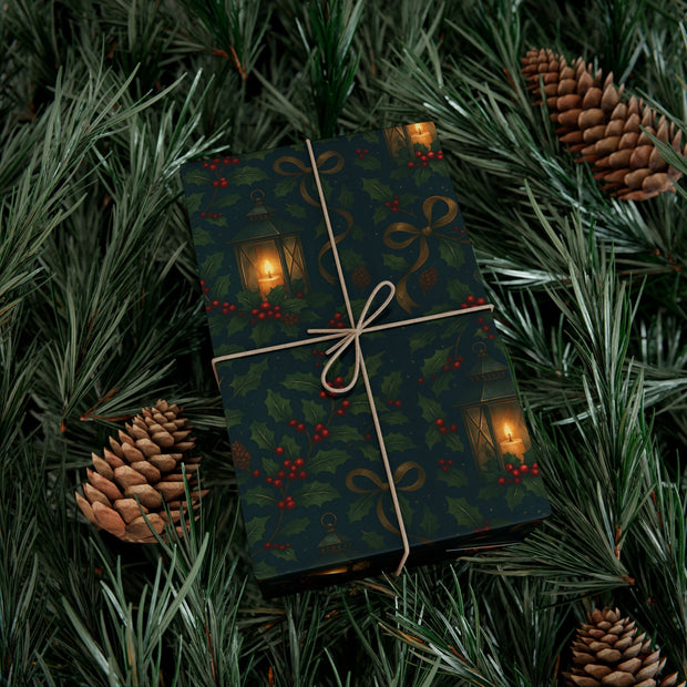 Christmas Lantern Gift Wrap - Vintage Lantern Holiday Wrapping Paper - Winter Botanical Heritage Design | Winter Botainical Trio Series by The Teal Leopard™